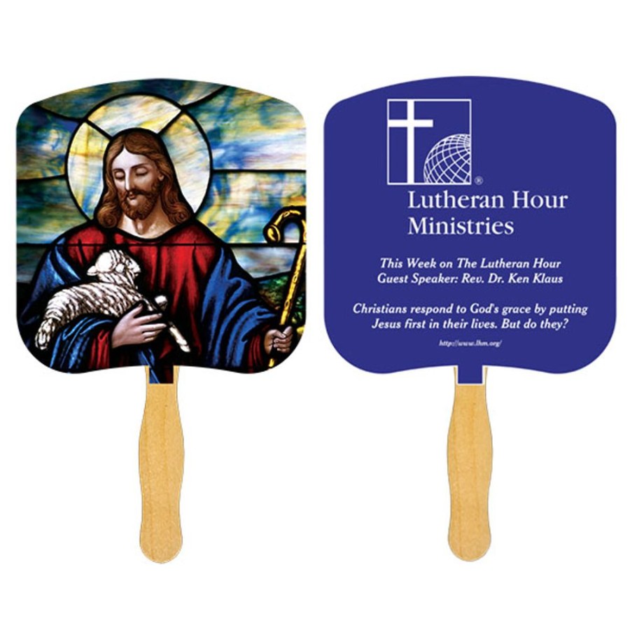 Hand Fans CPS/Keystone | Fr101-1 - Jesus The Good Shepherd Fan With One Color Imprint White 12 Point Board Stock With A Glued Wooden Handle