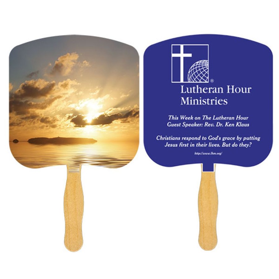 Hand Fans CPS/Keystone | Fr109-1 - Sunrise Fan With One Color Imprint White 12 Point Board Stock With A Glued Wooden Handle