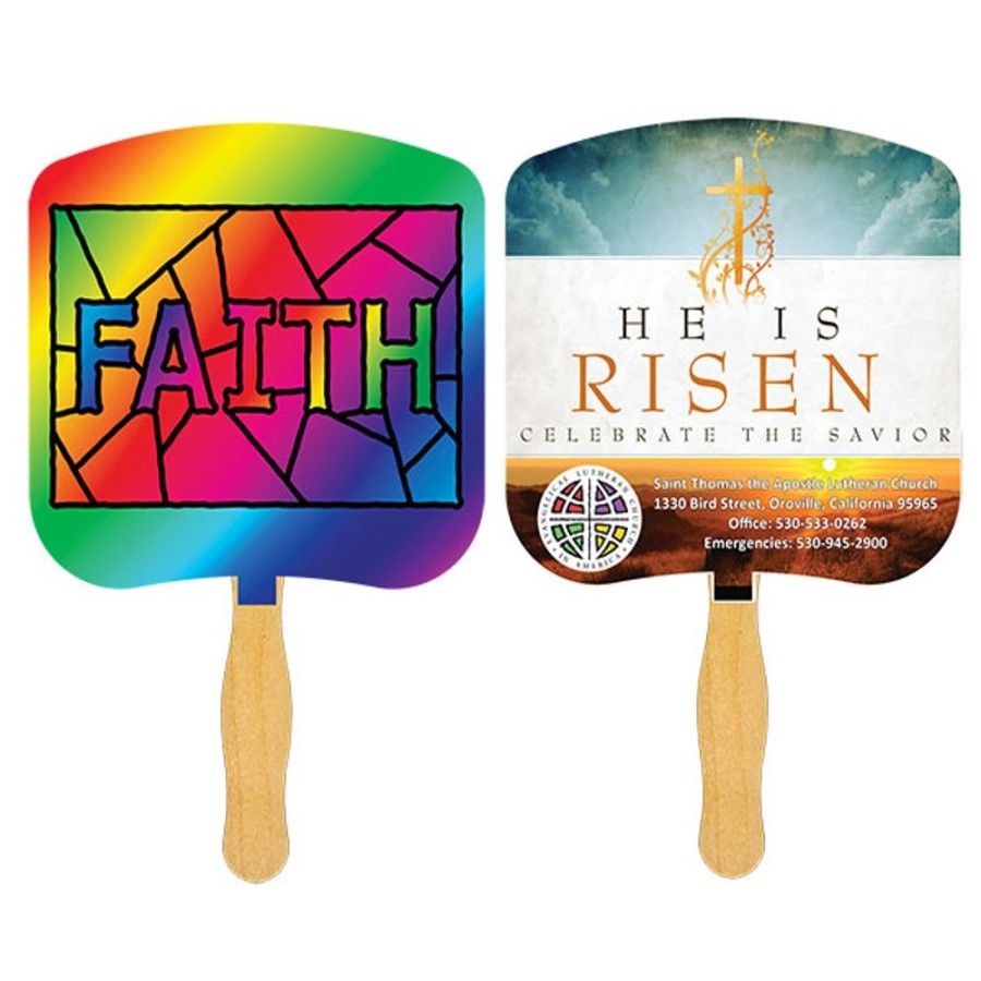 Hand Fans CPS/Keystone | Fr107-4 - Faith Stained Glass Fan With Four Color Process Imprint White 12 Point Board Stock With A Glued Wooden Handle