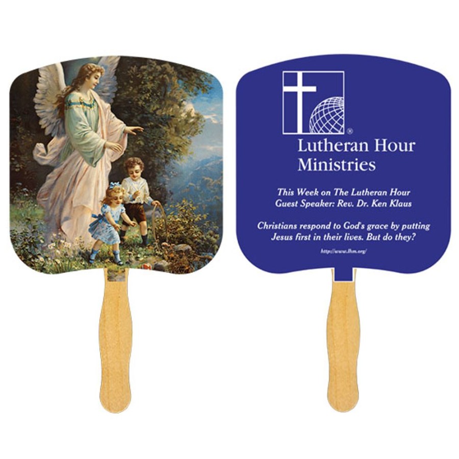 Hand Fans CPS/Keystone | Fr102-1 - Guardian Angel Fan With One Color Imprint White 12 Point Board Stock With A Glued Wooden Handle