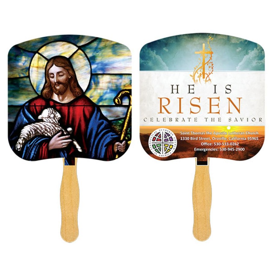 Hand Fans CPS/Keystone | Fr101-4 - Jesus The Good Shepherd Fan With Four Color Process Imprint White 12 Point Board Stock With A Glued Wooden Handle