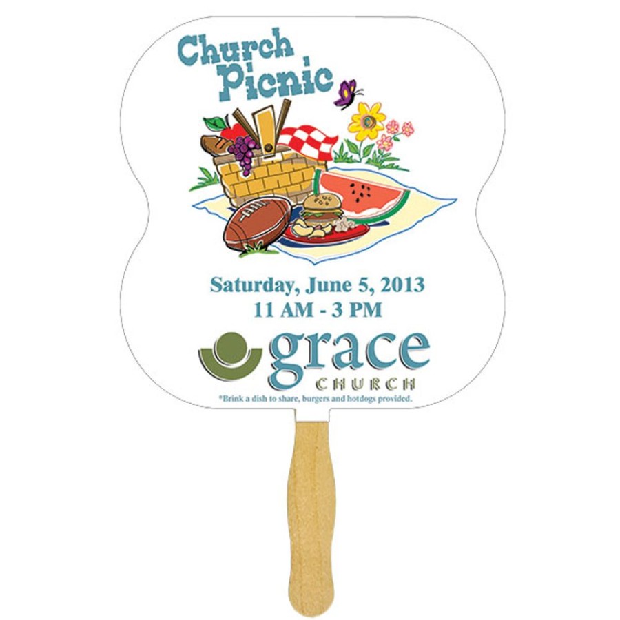 Hand Fans CPS/Keystone | Fw105-4 - Hour Glass Sandwiched Fan With Four Color Process Imprint White 12 Point Board Stock With A Glued Wooden Handle