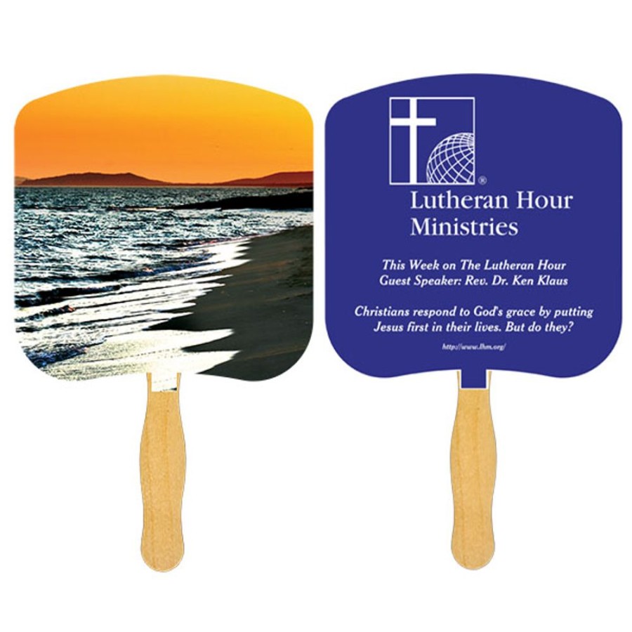 Hand Fans CPS/Keystone | Fr108-1 - Shoreline At Sunset Fan With One Color Imprint White 12 Point Board Stock With A Glued Wooden Handle