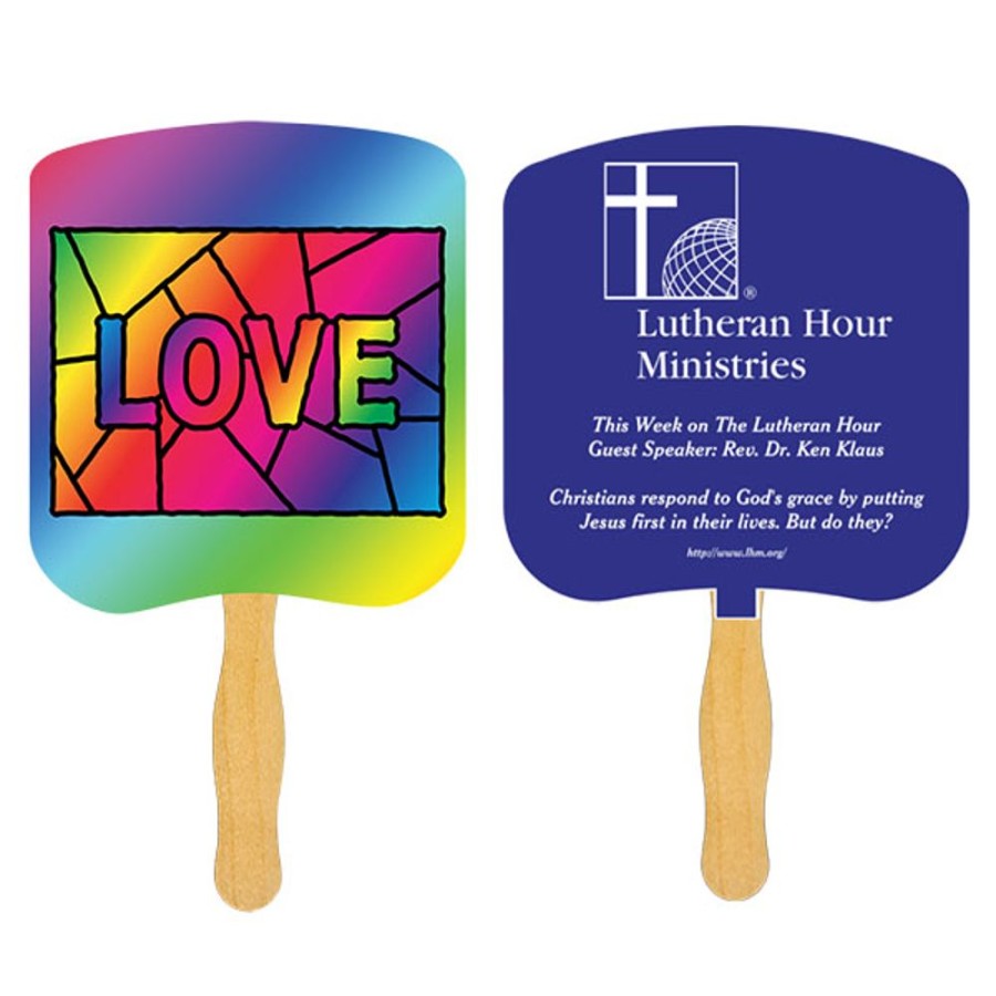 Hand Fans CPS/Keystone | Fr106-1 - Love Stained Glass Fan With One Color Imprint White 12 Point Board Stock With A Glued Wooden Handle