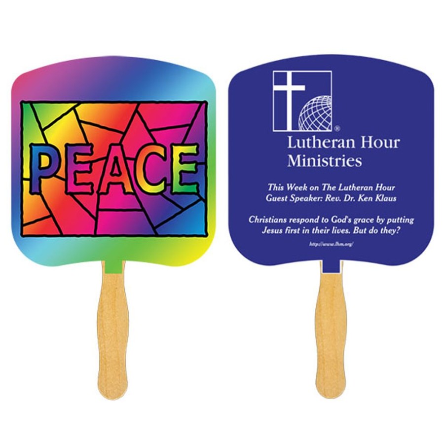 Hand Fans CPS/Keystone | Fr105-1 - Peace Stained Glass Fan With One Color Imprint White 12 Point Board Stock With A Glued Wooden Handle