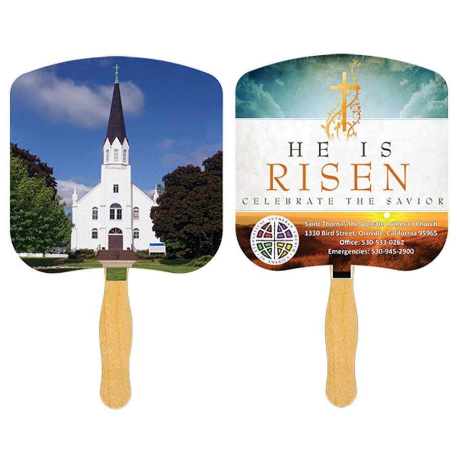 Hand Fans CPS/Keystone | Fr104-4 - Church Fan With Four Color Process Imprint White 12 Point Board Stock With A Glued Wooden Handle