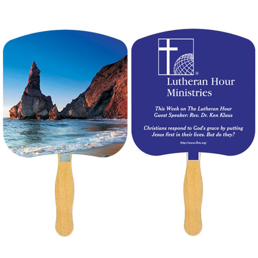 Hand Fans CPS/Keystone | Fr110-1 - Shoreline At Daytime With One Color Imprint White 12 Point Board Stock With A Glued Wooden Handle