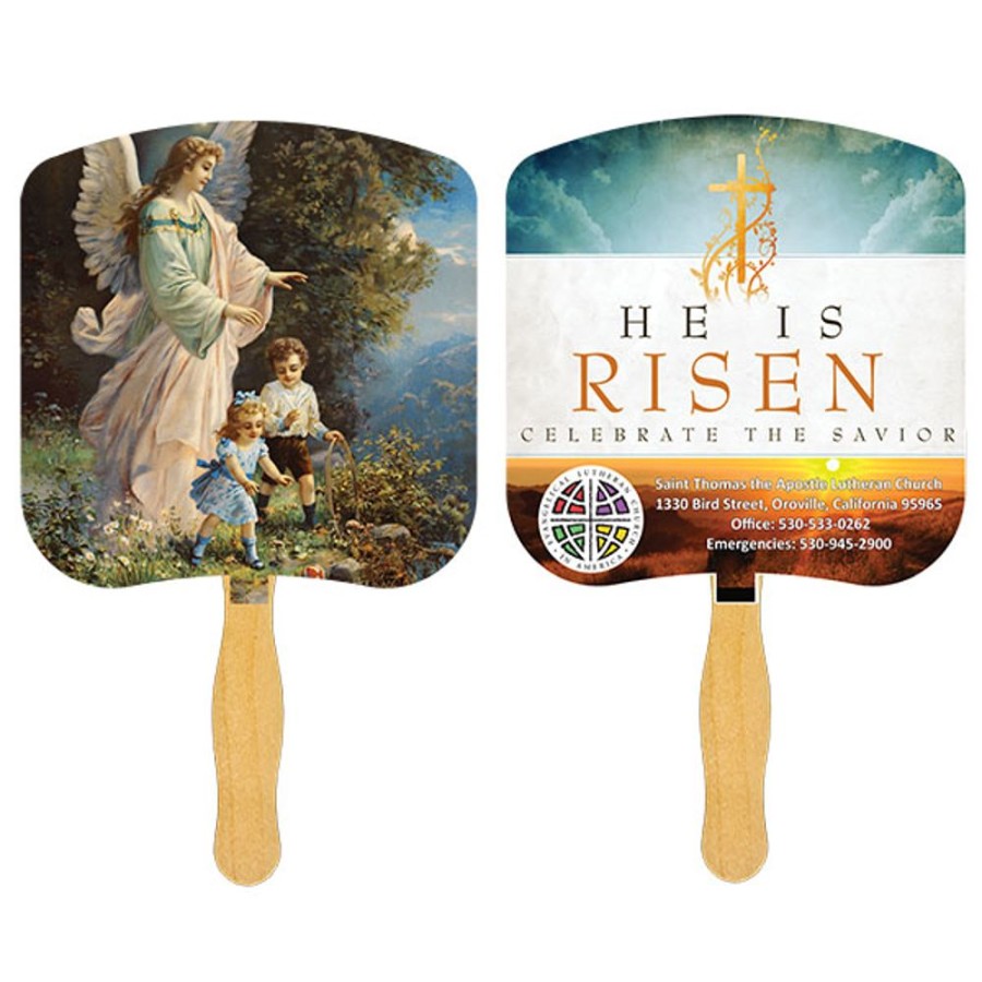 Hand Fans CPS/Keystone | Fr102-4 - Guardian Angel Fan With Four Color Process Imprint White 12 Point Board Stock With A Glued Wooden Handle