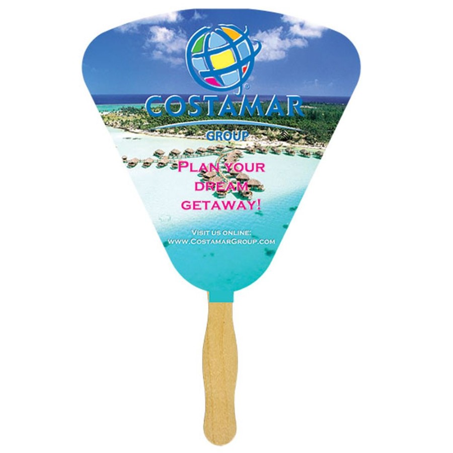 Hand Fans CPS/Keystone | Fs107-4 - Seashell Glued Hand Fan With Four Color Process Imprint White 16 Point Board Stock With A Glued Wooden Handle