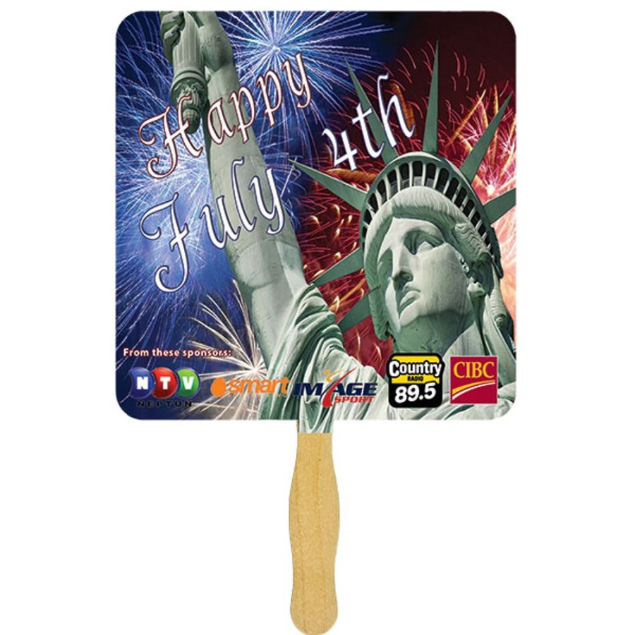 Hand Fans CPS/Keystone | Fs102-4 - Square Glued Hand Fan With Four Color Process Imprint White 16 Point Board Stock With A Glued Wooden Handle