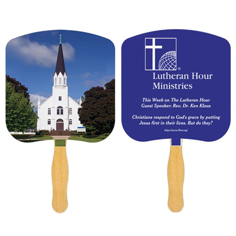 Hand Fans CPS/Keystone | Fr104-1 - Church Fan With One Color Imprint White 12 Point Board Stock With A Glued Wooden Handle