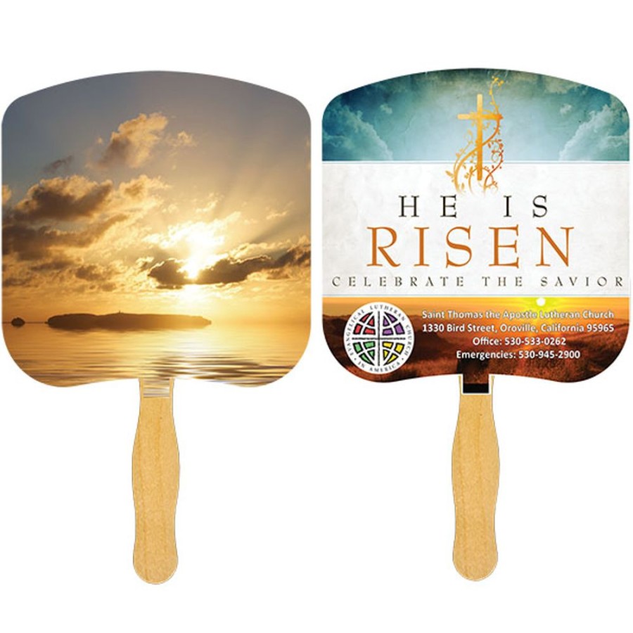 Hand Fans CPS/Keystone | Fr109-4 - Sunrise Fan With Four Color Process Imprint White 12 Point Board Stock With A Glued Wooden Handle