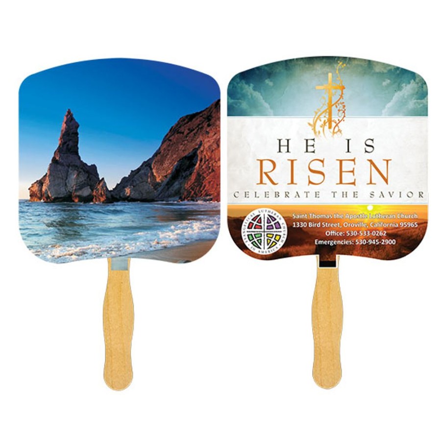 Hand Fans CPS/Keystone | Fr110-4 - Shoreline At Daytime With Four Color Process Imprint White 12 Point Board Stock With A Glued Wooden Handle