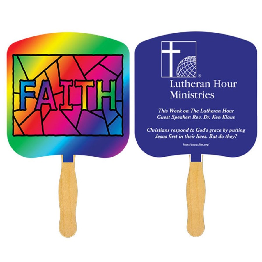 Hand Fans CPS/Keystone | Fr107-1 - Faith Stained Glass Fan With One Color Imprint White 12 Point Board Stock With A Glued Wooden Handle