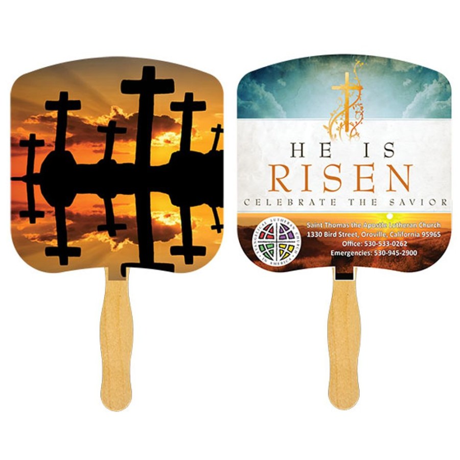 Hand Fans CPS/Keystone | Fr103-4 - Crosses At Sunset Fan With Four Color Process Imprint White 12 Point Board Stock With A Glued Wooden Handle