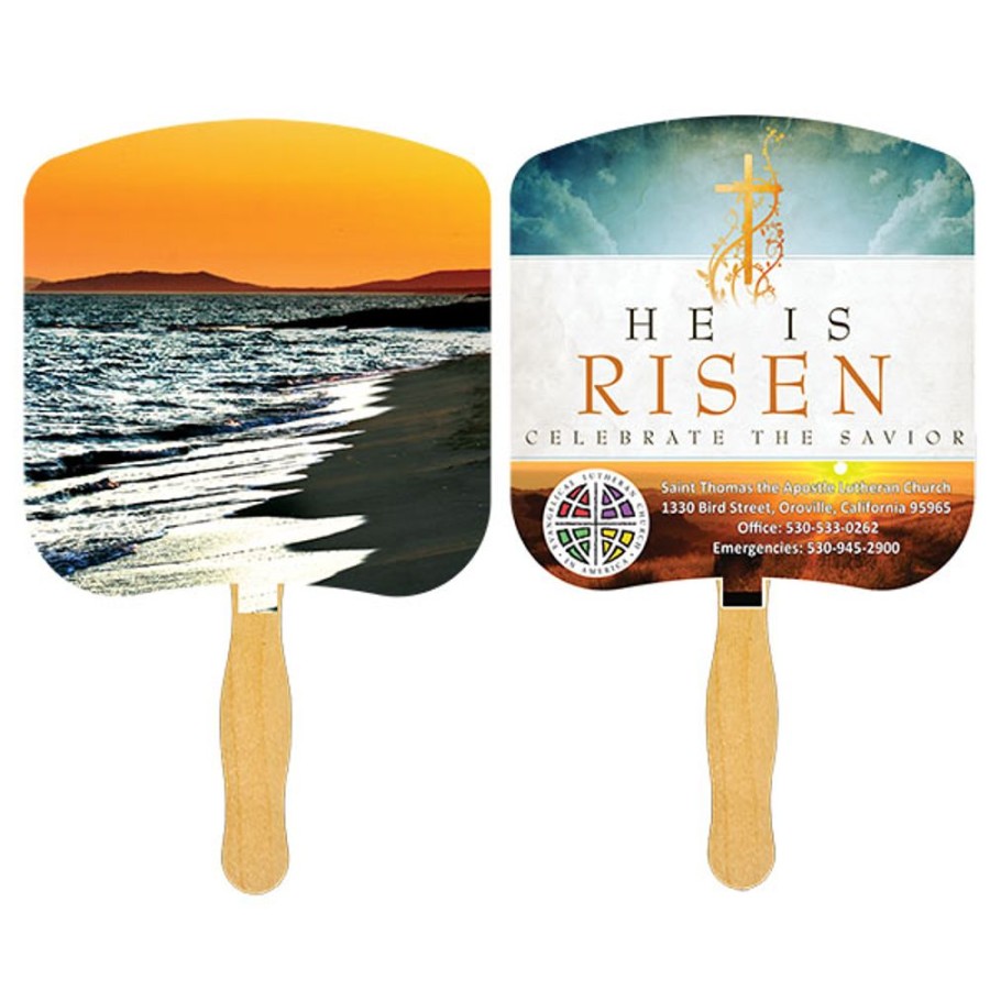 Hand Fans CPS/Keystone | Fr108-4 - Shoreline At Sunset Fan With Four Color Process Imprint White 12 Point Board Stock With A Glued Wooden Handle