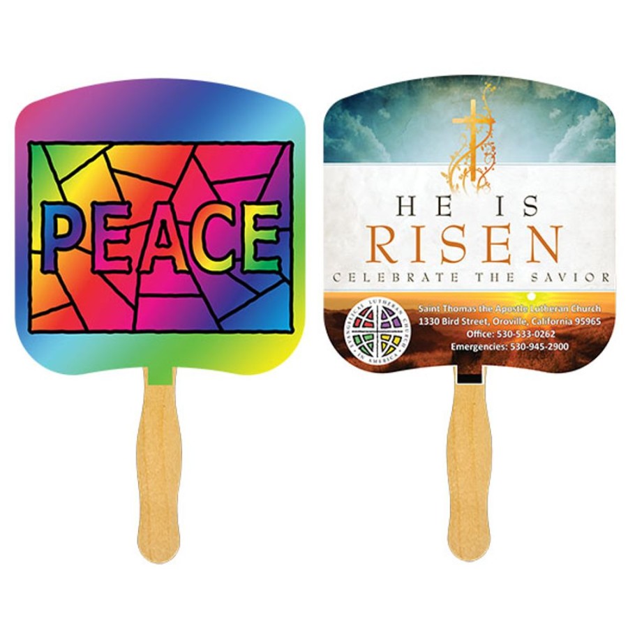 Hand Fans CPS/Keystone | Fr105-4 - Peace Stained Glass Fan With Four Color Process Imprint White 12 Point Board Stock With A Glued Wooden Handle