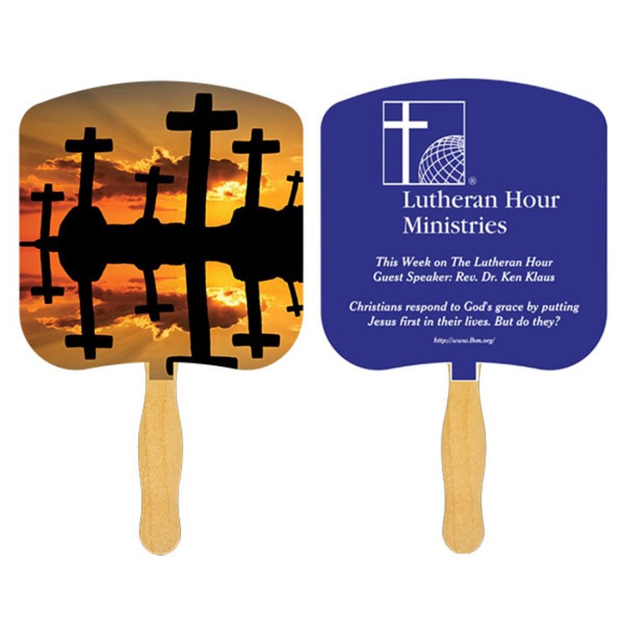 Hand Fans CPS/Keystone | Fr103-1 - Crosses At Sunset Fan With One Color Imprint White 12 Point Board Stock With A Glued Wooden Handle